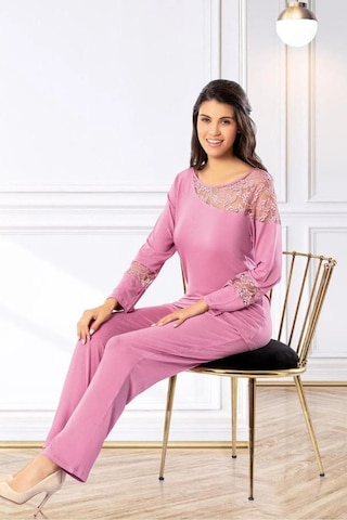 Faal 8617 Kadın Uzun Kollu Dantel Detaylı Pijama Takımı-gülkurusu GÜL KURUSU