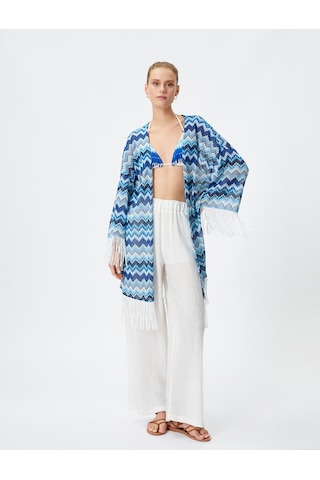 Koton Kimono Kolları Ve Eteği Püsküllü Rahat Kesim Multıcolor 3sak80001mk 3SAK80001MKMIX Mavi