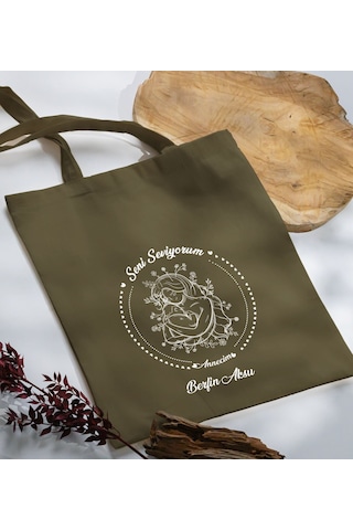 Bk Gift Kişiye Özel İsimli Anneler Günü Tasarımlı Haki Kumaş Bez Çanta, Baskılı Omuz Çantası, Alışveriş Çantası, Anneler Günü Hediyesi, Anneye Hediye-8 Sarı