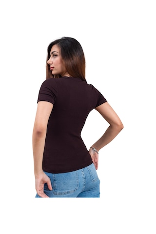 Thiff Kadın Ribana Buzy V Yaka T-shirt Tişört Kahverengi
