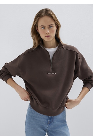 Mavi - Mvjns Nakışlı Yarı Fermuarlı Kahverengi Sweatshirt 1s10533-71603