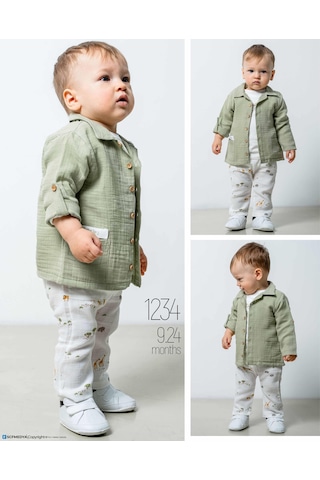 Caramell 3'lü Bebek Takımı Müslin Gömlek Pantalon Tişört Zürafa Desenli-1134 Yesil