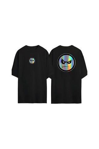 Thewert Unisex Folyo Renkli Yüz Ön Arka Baskılı Sıyah Oversize T-shirt Siyah