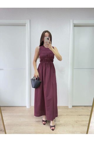 Dogutrend Kolsuz Göğüs Lastıklı Uzun Elbise - Bordo