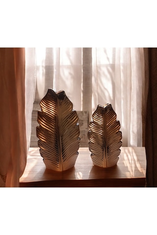23cm Ve 19cmlik Kırılmaz Polyester,2 Lü Yaprak Desenli Biblo Vazo