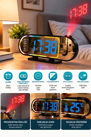 Led Dijital Masa Saati Şık Tasarım Alarm Özelliği Parlaklık Ayarı Sıcaklık Ve 12 24 Saat Gösterimi Diğer