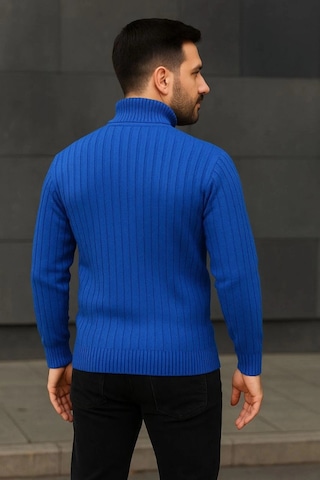 Efnaz Style Erkek Balıkcı Yaka Bağazlı Triko Kazak Pamuklu Kalın Fitilli Dokuma, Regular Fit Uzun Kollu Kışlık Model - Saks Mavisi