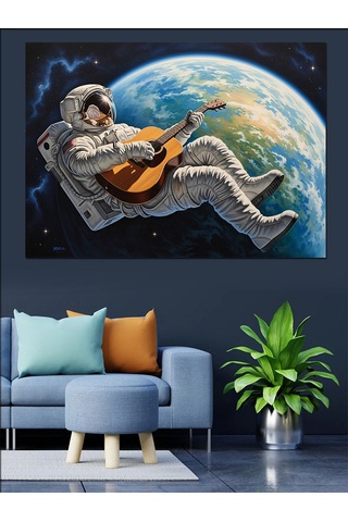 Uzayda Gitar Çalan Astronot Ve Dünya Dekoratif Kanvas - Mdf Ahşap Tablo