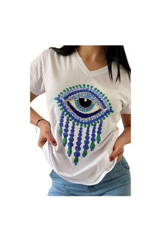 Cassime Kadın Beyaz V Yaka Göz Pul Payet Işlemeli %100 Pamuk Tişört S-m-l-xl-2xl-3xl