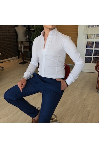 Italyan Stil Slim Fit Dik Yaka Saten Erkek Gömlek Beyaz T4754