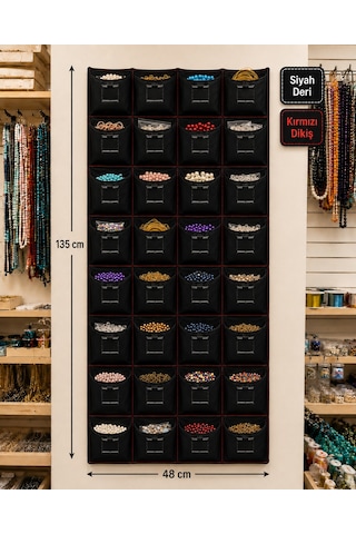 El İşi Takı Duvar Tipi Çok Amaçlı Organizer Avadanlık Çantası 32 Gözlü Siyah Deri Kırmızı Dikişli 135x48 Cm