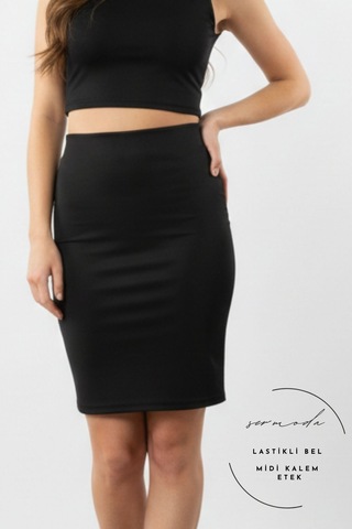 Sermoda Kalem Etek - Bel Lastikli Slim Fit Midi Kalem Etek Ks Siyah Us Siyah