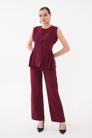 Diemmood Kadın Pilise Detaylı Bordo Yelek Pantolon Takım