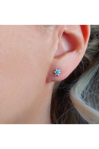 925 Ayar Gümüş Turkuaz Taşlı Minimal Lotus Küpe Gümüş