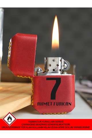 Hakiki Deri Kılıflı Sarı Kırmızı Taraftar Benzinli Çakmak