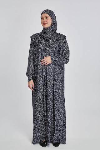Pratik Tek Parça Çiçek Desenli Namaz Elbisesi Siyah