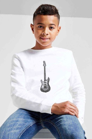 Drawing Elektro Guitar Red Baskılı Unisex Çocuk Beyaz Sweatshirt