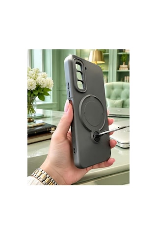 İnfinix Hot 50 Pro Plus 4g İle Uyumlu 360 Derece Dönebilen Kalın Metal Magsafe Halka Stantlı İçi Kadife Korumalı Ultra Lüx Premium Silikon Kılıf Gri