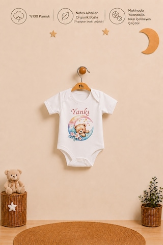 Pia Baby İsimli Kız Bebek Hediye Seti %100 Pamuk Organik Baskılı Body Yastık Kılıfı Ve Ham Bez Bebek Kıyafet Kesesi 1110bykyx Ekru