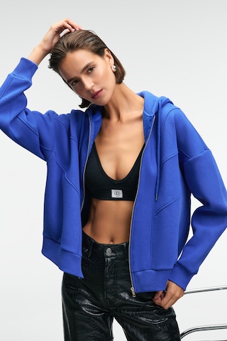 Grımelange VYSELLE Kadın Önü Kesikli Metal Fermuarlı Kapüşonlu Etiket Detaylı Oversize Mavi Sweatshirt