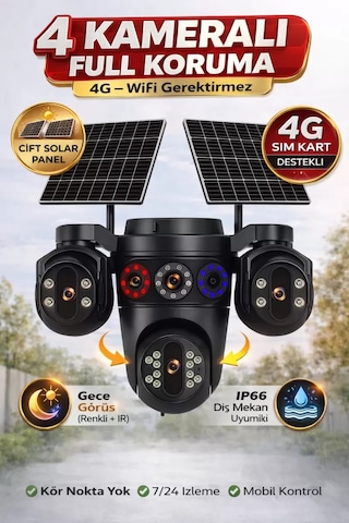 Esvision 7020 4 Lensli 4G Çift Solar Panel 16x Zoom Dual Batarya Hieasy Aov Sürekli Kayıt Gece Görüş Çift Yönlü Ses Akıllı Kamera