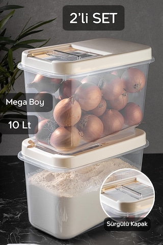 Meleni Home 2 Adet 10 Lt Mega Boy Un Erzak Saklama Kabı - Mutfak Düzenleyici Kayar Kapaklı Saklama Kutusu Krem