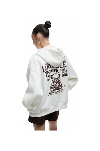 Koton Kapüşonlu Fermuarlı Arkası Baskılı Cepli Şardonlu Oversize Sweatshirt Ekru 6wal10141ık Ekru