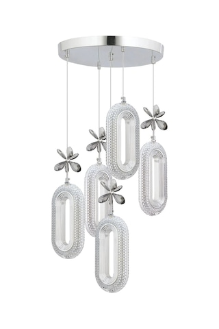 Led Alfa 5'li Gümüş 3 Renk Ledli Kristal Taşlı Modern Led Avize Krom