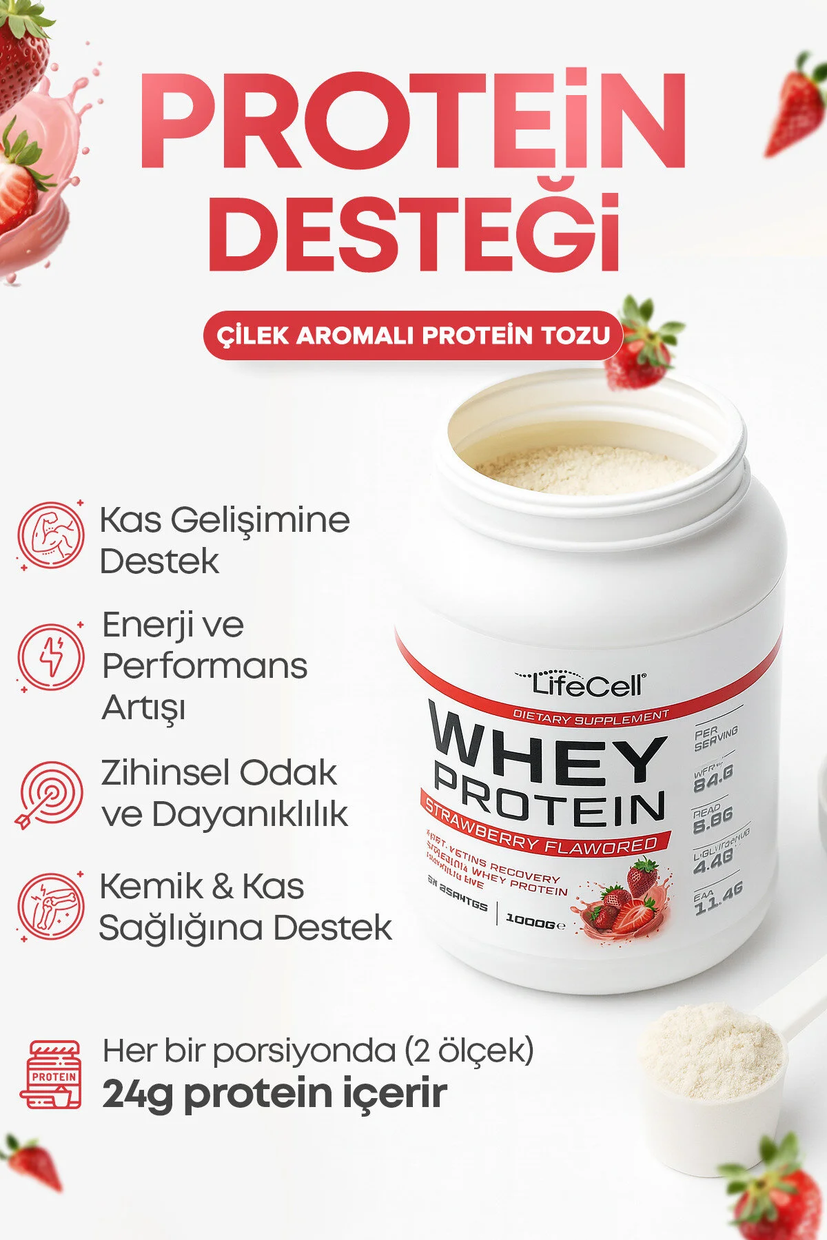 Whey Protein Tozu Çilek Aromalı 33 Servis - 1000g