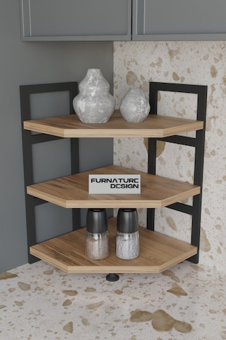 Akın Köşe Baharatlık 3 Raflı Mutfak Tezgah Üstü Köşe Raf - Çam Atlantik Çam