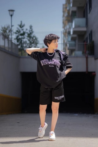 Welness T-shirt Şort - Siyah Alt Üst Kombin Şort Tişört Takım Baskılı Oversize Bisiklet Yaka Siyah