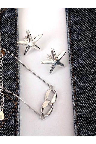 Gümüş Deniz Yıldızı Küpe Tifany Tasarım Kolye Kadın Set