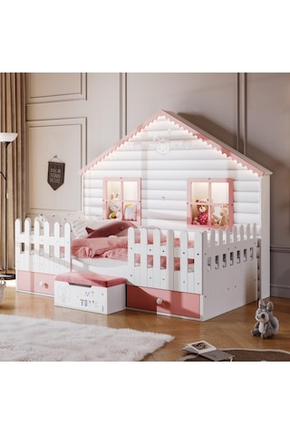 Meltem Kids Küçük Ev Çocuk Odası Montessori Karyola Pembe 100 x 200 CM Pembe