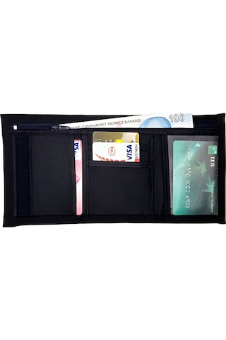 Cırt Cırtlı Kapak Fermuar Para Bölmeli Unisex İnterpeks Kumaş Genç Spor Cüzdan Siyah Floter