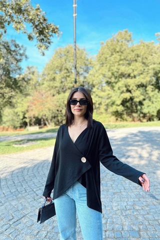 WeShaya Kadın Siyah Asimetrik Kesim, Düğmeli, Salaş Hırka Bluz Siyah
