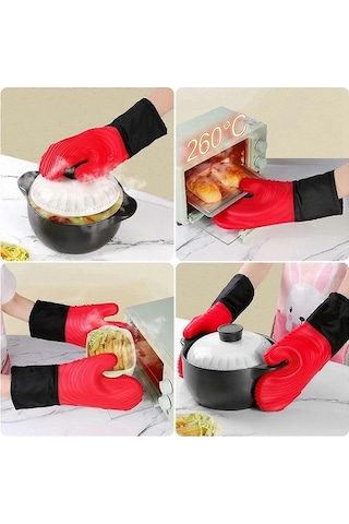 Moly Isıya Dayanıklı Fırın Eldiveni - Anti-ayak Basma, Pamuk İnçli, Kırmızı, 25x38cm Kırmızı