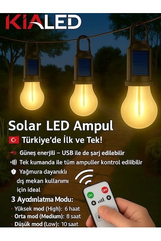Kialed Solar Güneş Enerjili Zaman Ayarlı Type-c Şarjlı Kumandalı Çadır Lambası Çok Renkli