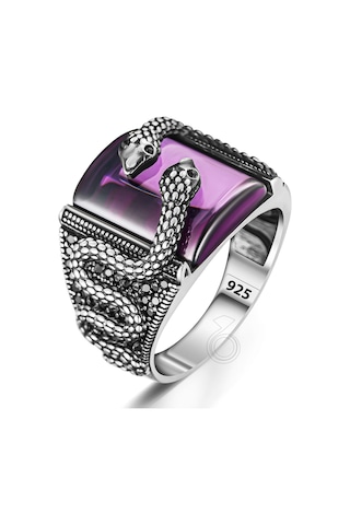 925 Ayar Gümüş Yılan Tasarım Ametist Taşlı Erkek Yüzük Gümüş