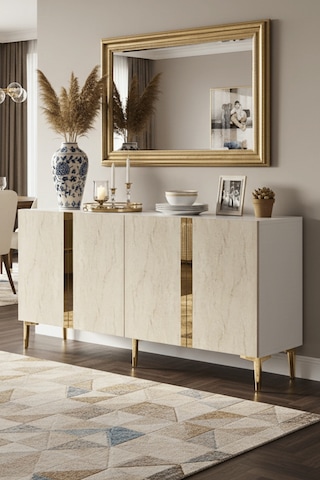 Ka1598btg Anka150 Konsol, Kahve Köşesi, Tv Sehpası Ve Dolap Beyaz - Traverten - Gold 150cm