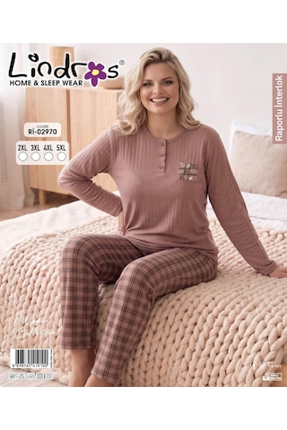 Boyraz Lindros Kadın Düğme Yaka Raporlu İnterlok Kışlık Battal Pijama Takımı 02770 - 1 Adet Vizon