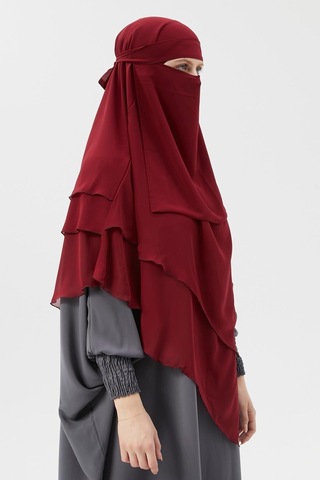 Altobeh Hazır Pratik Şifon Üç Katlı Peçeli Üçgen Hac Umre Şalı Sufle Hijab Nikap Bordo