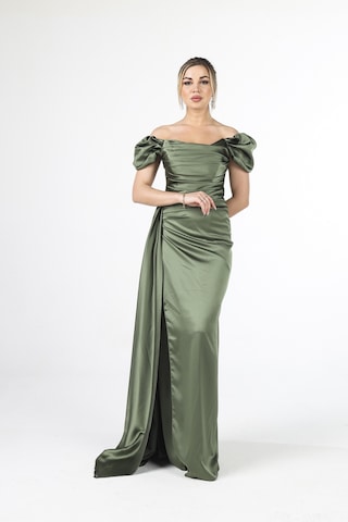 Feminist Haki Drape Detaylı Saten Kumaş Abiye Elbise 9704858.23 Haki