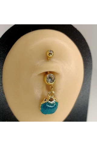 Aya Tasarım Gold Renk Turkuaz İstiridye Figürlü Göbek Piercing Altın