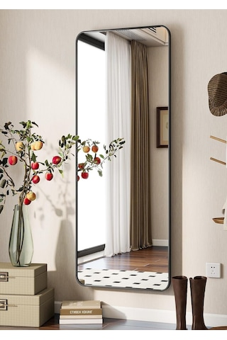 Pera 140x55 Yuvarlak Köşeli Yer Aynası Ayaklı, Asılı, Duvara Yaslı, Yatak Odası, Giyinme Odası Siyah