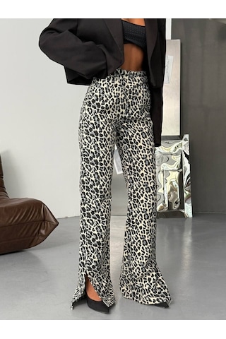 Herton Kadın Yüksek Bel Çapraz Kemer Wide Leg Jean %100 Pamuk Füme Denim Pantolon Desenli