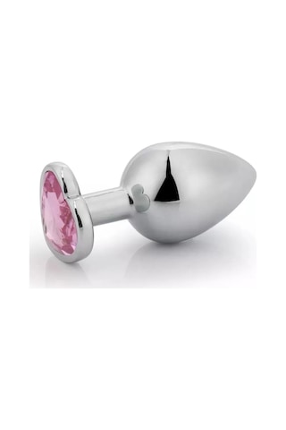 Red Fox Paslanmaz Çelik Pembe Kalpli Mücevher Taşlı Pürüzsüz Silver Metal Anal Butt Plug - Orta Boy