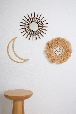 3'lü Set Rafya Deniz Kabuklu Model & Kahverengi Rattan Çubuk Ayna & Rafya Ay M073