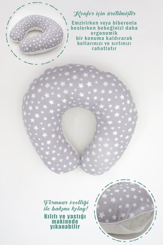 Çift Taraflı Emzirme Yastığı /bebek Destek Minderi, Hamile Yastığı, Pamuklu Kumaş, Stars Desen, Gri