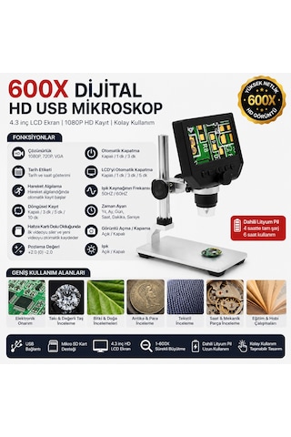 600x Dijital 4.3 İnç Lcd Ekranlı Hd Usb Mikroskop Elektronik, Takı Ve Eğitim İçin