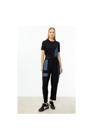 On Beli Lastikli Denim Detaylı Pantolon Siyah